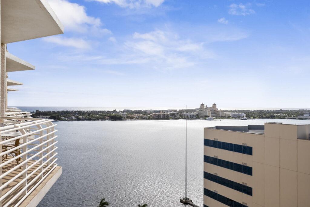 A view of the water from an apartment building.